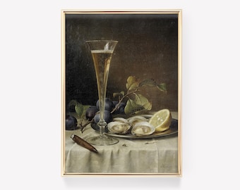 Johann Wilhelm Preyer - Still Life with Champagne Flute and Oysters (1857) | Vintage Painting Poster | Oysters Print | Glass Painting Decor