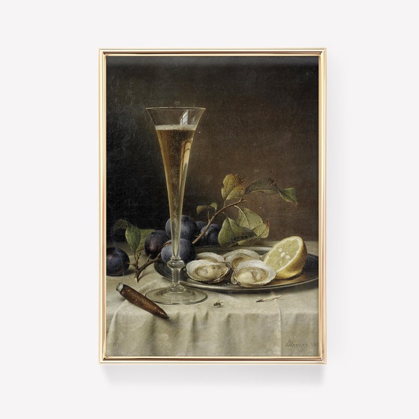 Johann Wilhelm Preyer - Still Life with Champagne Flute and Oysters (1857) | Vintage Painting Poster | Oysters Print | Glass Painting Decor