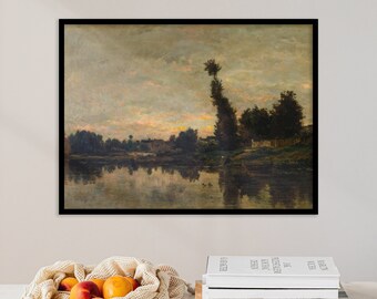River Landscape | Antique Painting | Riverside Painting | Country Landscape | Vintage Art | Home Decor | Maximalist Decor | Canvas Poster