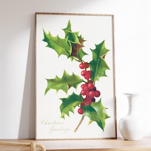 Weihnachtsgrüße Poster | Holly Beere Illustration | Vintage Druck | Festliche Wandkunst | Urlaub Dekor | Botanische Kunst