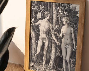 Albrecht Durer - Adam and Eve (1504) - Drawing Painting Photo Poster Print Art Gift Wall Home Decor - Religion Naked Bible Story Garden Eden