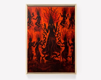 May include: A framed painting depicting a scene from Hindu mythology. The painting features a central figure surrounded by other figures, all rendered in black silhouette against a fiery orange background.