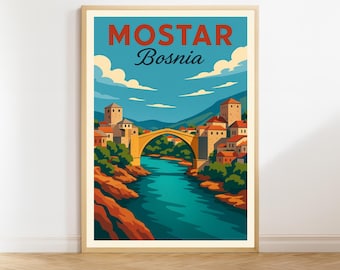 Mostar Reiseplakat, Bosnien-Wandkunst, Vintage-Druck, Reise-Dekor, Wandkunstgeschenk
