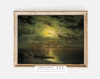 Moonlight Landscape Painting | Lev Kamenev - Moonlit Night on the River (1870) | Night Print | Night Wall Art | Dark Academia Poster
