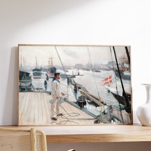 Vintage Sailor Portrait Print | Antique Boats in the Harbor | Ship Artwork | Nautical Wall Art Print | Nautical Rope Knots Oil Painting