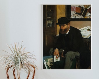 May include: A painting of a man in a dark suit and hat, sitting in a room with a shelf and a table. He is holding a small object in his hand.