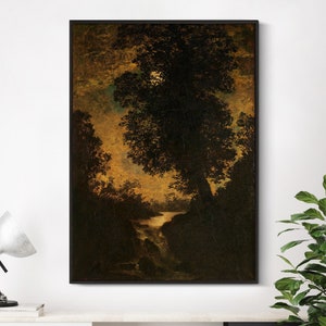 May include: A painting of a dark forest scene with a large tree in the center. The sky is a muted yellow with a small, white moon visible. The forest is dark and shadowy, with a small stream or river visible in the foreground.