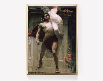 May include: A painting depicting a muscular man carrying a woman over his shoulder. The man is wearing a red cloak and the woman is wearing a white dress. The painting is set against a background of a stone structure with flowers.