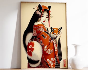 Japanese Kitsune Print | Fox Poster | Animal Art Print | Vintage Art | Japanese Fox Art | Fox Lovers Gift | Oriental Wall Art