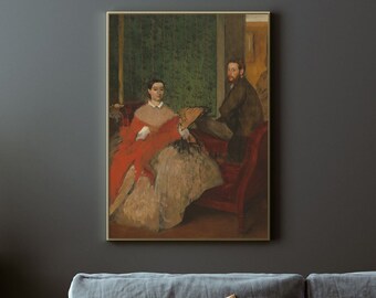 May include: A painting of a man and a woman sitting on a red velvet sofa. The woman is wearing a red and white dress and the man is wearing a dark suit. The painting is set in a room with green wallpaper.