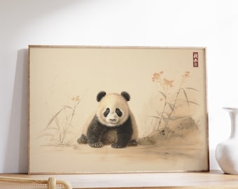 Pôster de arte japonesa de panda | Arte de parede antiga com animais | Pôster japonês antigo | Gravura tradicional em madeira | Impressão Ukiyo-e