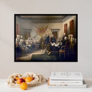 May include: A painting depicting the signing of the Declaration of Independence. The painting shows a group of men in formal attire gathered around a table, signing a document. The painting is set in a room with a large window and a fireplace.