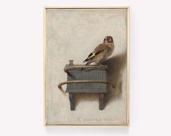 May include: A painting of a goldfinch perched on a small wooden shelf with a small vase. The bird is facing the viewer and has a yellow breast and black wings. The painting is framed in gold and signed "C. Fabritius 1654".