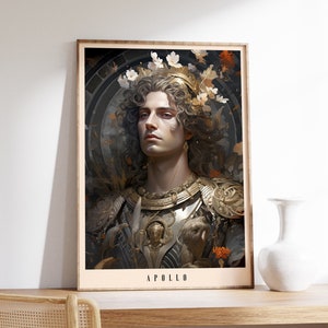 May include: Framed art print featuring a portrait of Apollo, adorned with a golden crown and armor. The artwork has a classical style with a neutral color palette, and the word "APOLLO" is printed at the bottom.