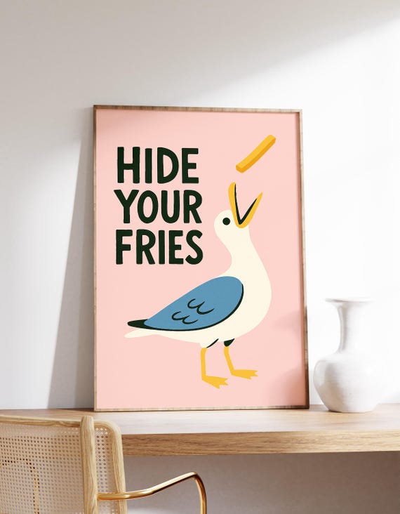 Funny Seagull Poster, Cute Beach Poster, Fries Print, Bird Art, Trendy Coastal Decor, Ocean Wall Art, Cute Beach House Decor