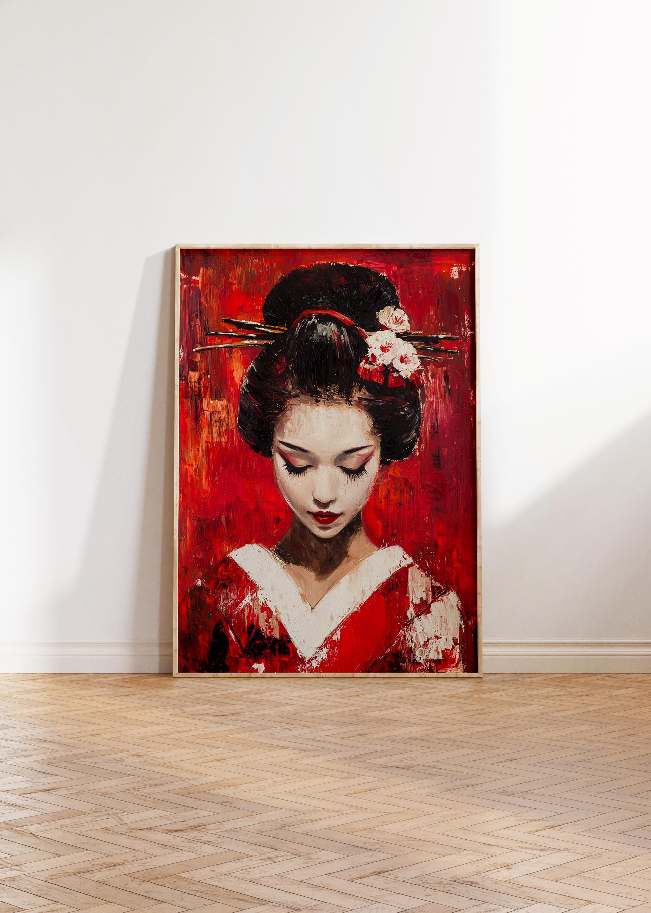 Geisha Oil Painting, Japanese Art Print, Red Kimono Wall Decor, Elegant ...