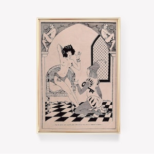 May include: Black and white illustration of a woman in a chair with a man kneeling before her. The woman is wearing a crown and the man is wearing a jester's hat. The image is set in a medieval castle. "Pas de reproche, mon pauvre public, cette pièce d'art n'est pas un tableau à l'histoire..."