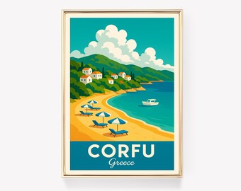 May include: A framed print featuring a stylized beach scene with the text "CORFU Greece." The artwork depicts a sandy beach with lounge chairs and umbrellas, a boat on the water, and white buildings on a green hillside under a blue sky.