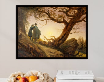 Caspar David Friedrich - Two Men Contemplating the Moon (1830) - Classic Painting Photo Poster Print Fine Art Gift Home Wall Decor Minimal