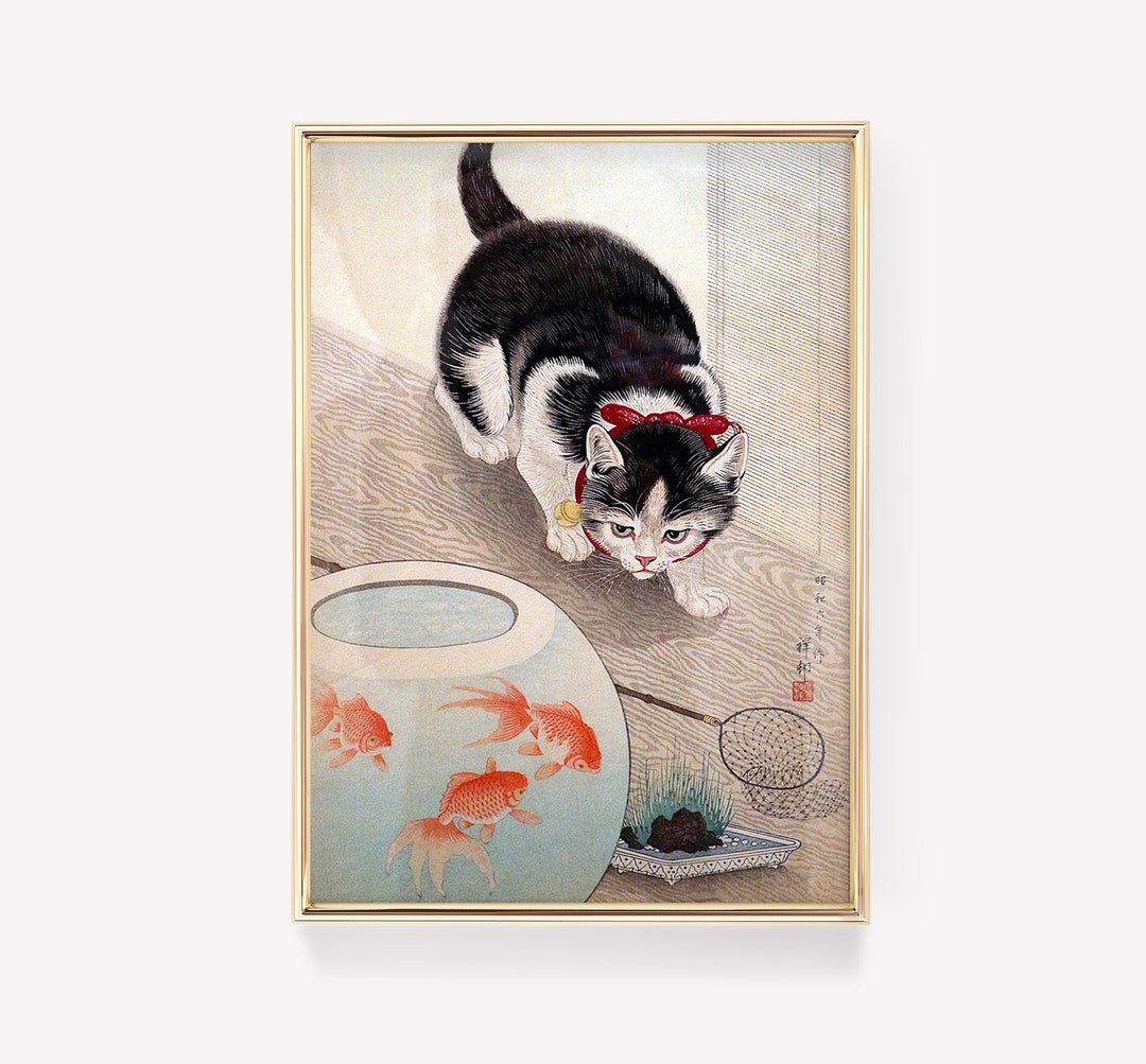Japanese Cat Art Print | Japanese Decor | Ukiyo-e Print | Goldfish ...