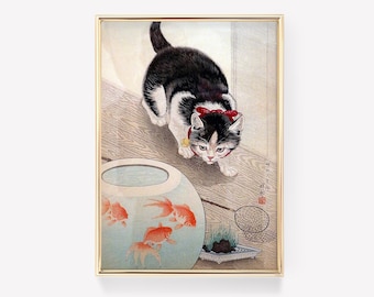Japanese Cat Art Print | Japanese Decor | Ukiyo-e Print | Goldfish Print | Animal Wall Art | Oriental Print | Cat Lovers Gift