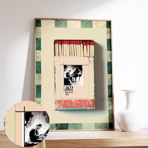 Vintage luciferdoosje met jazzthema – uniek cadeau voor muziekliefhebbers | Retro eetkamerdecoratie | Elegant wandaccent barwagen