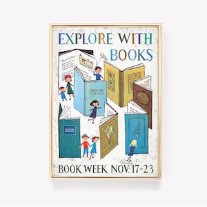 Explorar con libros / Arte de la semana del libro / Impresión de lectura / Póster para niños / Amante de los libros / Decoración de biblioteca