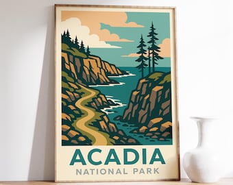 Acadia National Park Poster, Maine Coast Print, Acadia Wall Art, Rocky Shore Decor, Vintage Acadia Gift