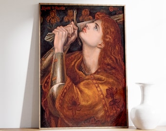 May include: A painting of a woman holding a sword, with a red-brown background and the text "Jehane la Pucelle" and "1862" in the top corners.