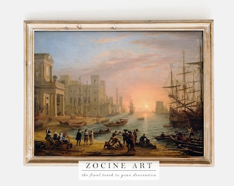 Claude Lorrain - Seaport at Sunset (1639) - Vintage Painting Poster Print Art Gift Wall Home Decor - 9x11, 12x10, 12x18, 18x24, 24x36