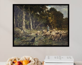 Vintage Landscape | River Landscape | Sheep in a Meadow | Farmhouse Decor | Vintage Wall Art | Sheep Painting | Antique Canvas Print Poster