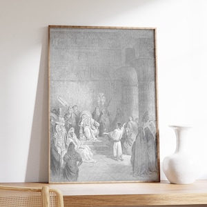 May include: A black and white engraving depicting a scene from the Bible. A man in a robe stands before a group of people, including a king seated on a throne. The scene is set in a large room with pillars and arches.