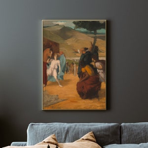 May include: A painting depicting a group of people in a landscape setting. The figures are dressed in colorful clothing and appear to be engaged in a conversation or a gathering. The background features a distant mountain range and a lush green tree.