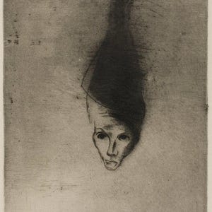 May include: A black and white etching of a person's face with a long, pointed hat. The face is drawn in a stylized manner, with exaggerated features.