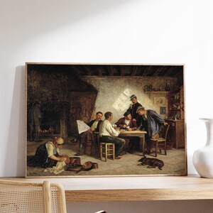 May include: A painting depicting a group of men gathered around a table in a dimly lit room. The men are dressed in casual clothing and appear to be engaged in conversation. A woman is seen in the foreground, tending to a pile of items on the floor. The painting is framed in a dark wood frame.