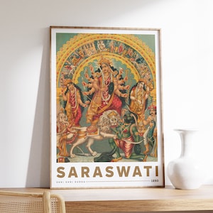 May include: A vintage poster featuring a colorful illustration of the Hindu goddess Saraswati, riding a lion and holding a book. The poster has a gold background with the text "SARASWATI" and "SHRI SHRI DURGA" in a gold font. The year "1890" is printed in the bottom right corner.