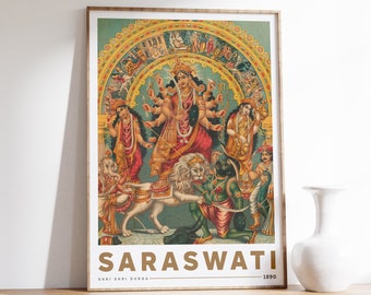 Shri Shri Durga with Mahisha Trisula Lakshmi Saraswati (1890) | Vintage Painting | Indian Poster | Print Wall Art | Home Decor | Hindu God