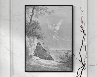 Gustave Dore - Elijah is Nourished by an Angel (1866) - Classic Drawing Poster Print Art Gift - Christian Bible Christianity - Dark Academia