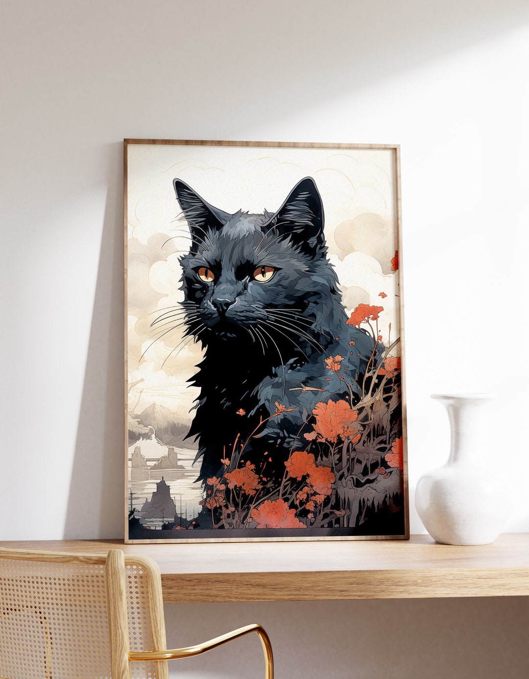 Japanese Black Cat Poster | Animal Poster | Black Cat Art Print ...