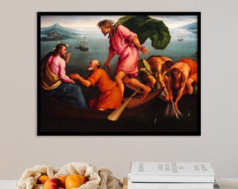 Könnte beinhalten: Ein Gemälde, das eine Szene aus der Bibel darstellt, die Jesus in einem Boot mit vier anderen Männern zeigt. Jesus trägt eine rosa Robe und spricht mit einem der Männer. Die anderen Männer tragen blaue, orange und braune Roben. Das Boot befindet sich auf einem Gewässer mit Bergen im Hintergrund.