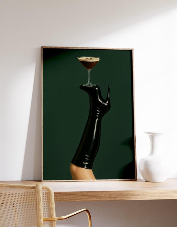 Glam Fashion Poster, Espresso Martini Art Print, High Heel Wall Art, Stylish Bar Decor, Bold Dark Aesthetic
