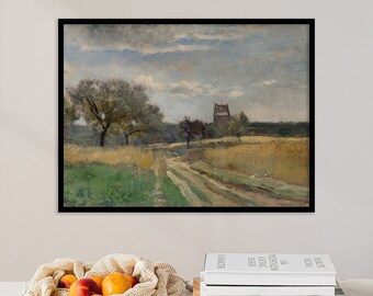Cottagelandschap | Antiek schilderij | Platteland schilderij | Weideprint | Vintage landschap | Landschapsdoek | Decorposter kunst aan de muur