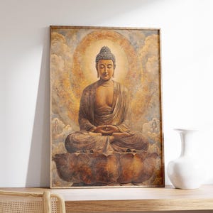 May include: A framed print of a seated Buddha in meditation. The artwork features warm, earthy tones with a golden halo and a lotus flower base. The Buddha is depicted with closed eyes, radiating serenity.