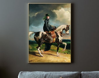 Vintage Reiterin Gemälde | Frauenbild | Antike Wandkunst | Pferd Gemälde | Rustikaler Leinwanddruck | Reiter Dekor Wandkunst