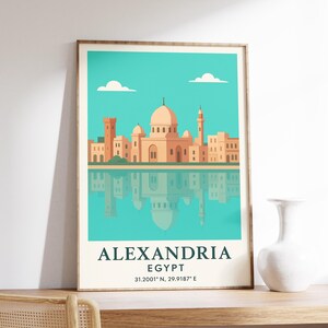 Alexandria Egypt Poster, Coastal Mosque Art, Alexandria Wall Decor, Vintage Travel Print, Alexandria Skyline