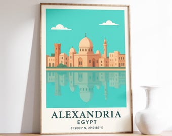 Alexandria Egypt Poster, Coastal Mosque Art, Alexandria Wall Decor, Vintage Travel Print, Alexandria Skyline