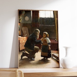 May include: A framed print of a classic painting depicting an elderly man kneeling and adjusting the clothing of a young girl. The painting features warm tones, with the figures in traditional attire. The background shows a room with a window.