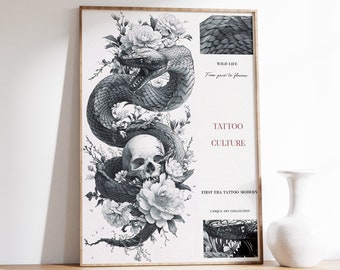 Tattoo art, Tattoo poster, Tattoo print, Vintage tattoo poster, Black and white Snake print, Snake Wall Art, Gothic Skull Wall Decor