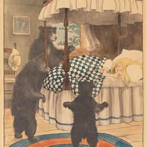 Ilustración vintage / Impresión de Los tres osos / Arte verde de Elizabeth Shippen / Póster de cuentos / Decoración de pared