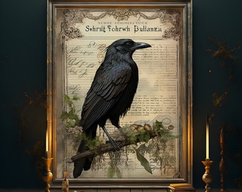 Lámina artística vintage de cuervo / Arte gótico caprichoso / Lámina oscura y caprichosa / Decoración gótica / Estética gothcore / Decoración oscura y melancólica
